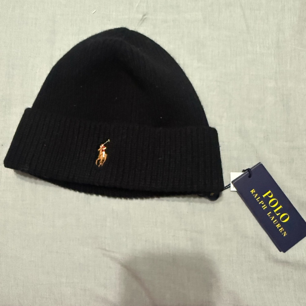 Ralph Lauren Black Cuffed Beanie with Gold Pony Emblem